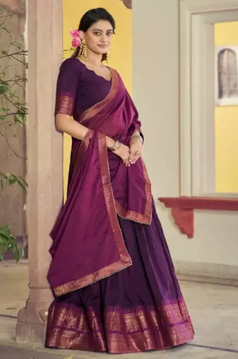 Purple Cotton Poly Plain Traditional Sangeet Lehenga Choli Set
