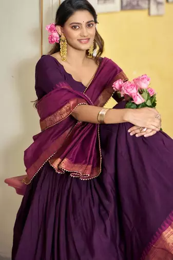 Purple Cotton Poly Plain Traditional Sangeet Lehenga Choli Set