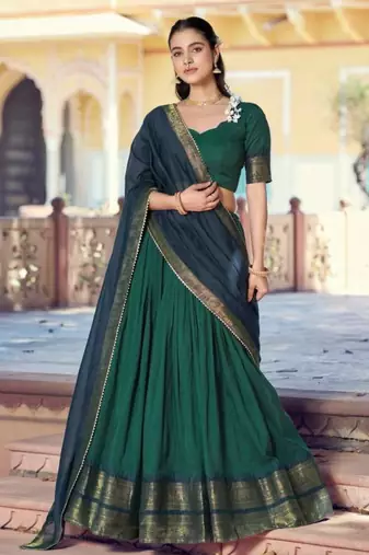 Green Cotton Poly Plain Traditional Party Wear Lehenga Choli Set