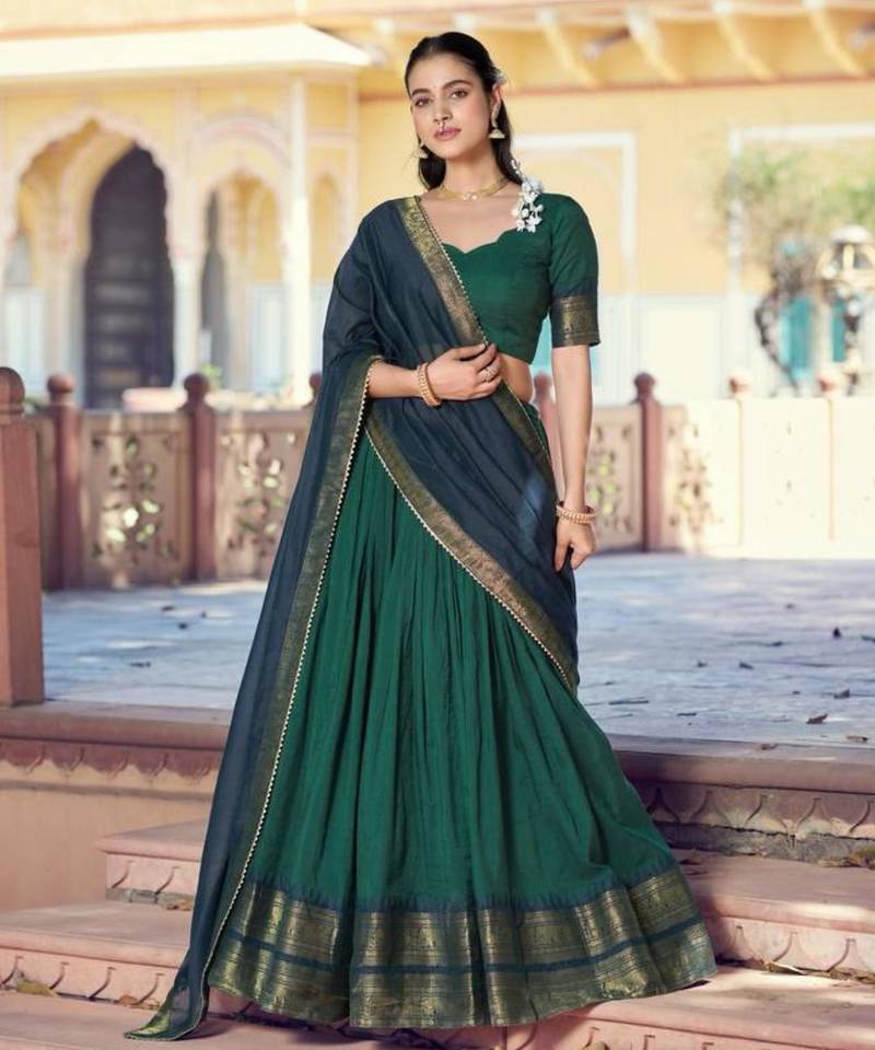 Green Cotton Poly Plain Traditional Party Wear Lehenga Choli Set