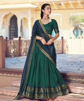 Green Cotton Poly Plain Traditional Party Wear Lehenga Choli Set 3