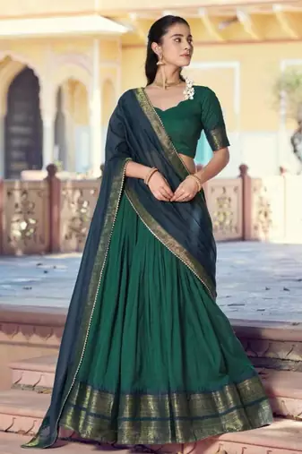 Green Cotton Poly Plain Traditional Party Wear Lehenga Choli Set