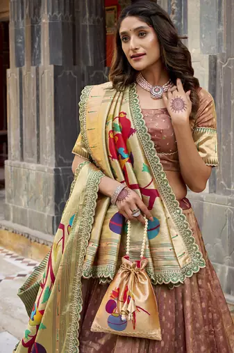 Festive Shimmer Organza Zari Woven Chaniya Choli with Designer Lace Border