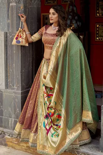 Festive Shimmer Organza Zari Woven Chaniya Choli with Designer Lace Border