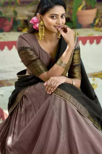 Grey Cotton Poly Plain Traditional Wedding Lehenga Choli Set