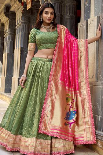 Festive Shimmer Organza Zari Woven Chaniya Choli with Designer Lace Border