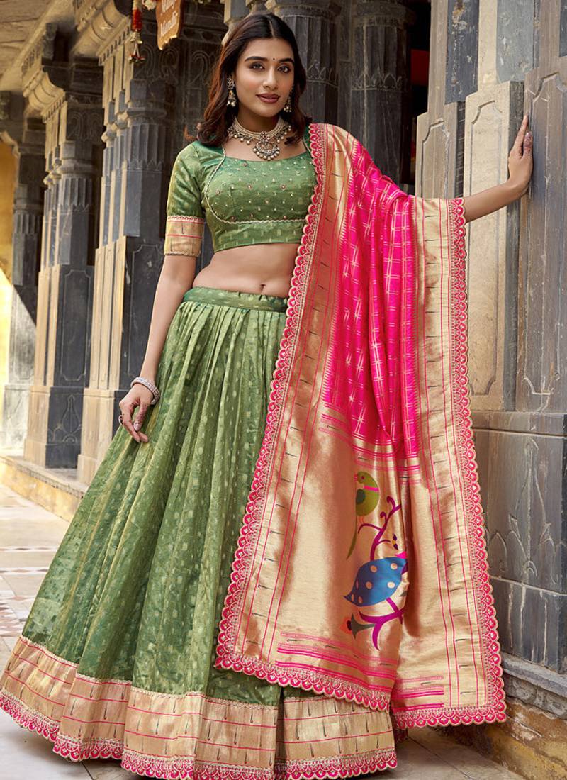Festive Shimmer Organza Zari Woven Chaniya Choli with Designer Lace Border