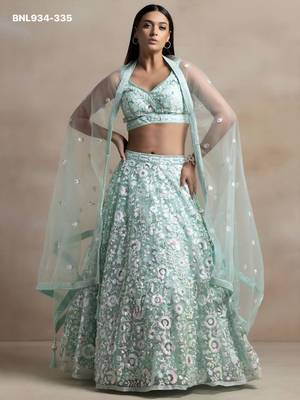 Light Sky Blue Net Embroidered Designer Sangeet Lehenga Choli Set 1