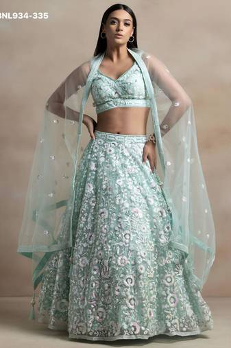 Light Sky Blue Net Embroidered Designer Sangeet Lehenga Choli Set