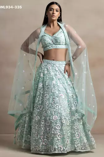 Light Sky Blue Net Embroidered Designer Sangeet Lehenga Choli Set