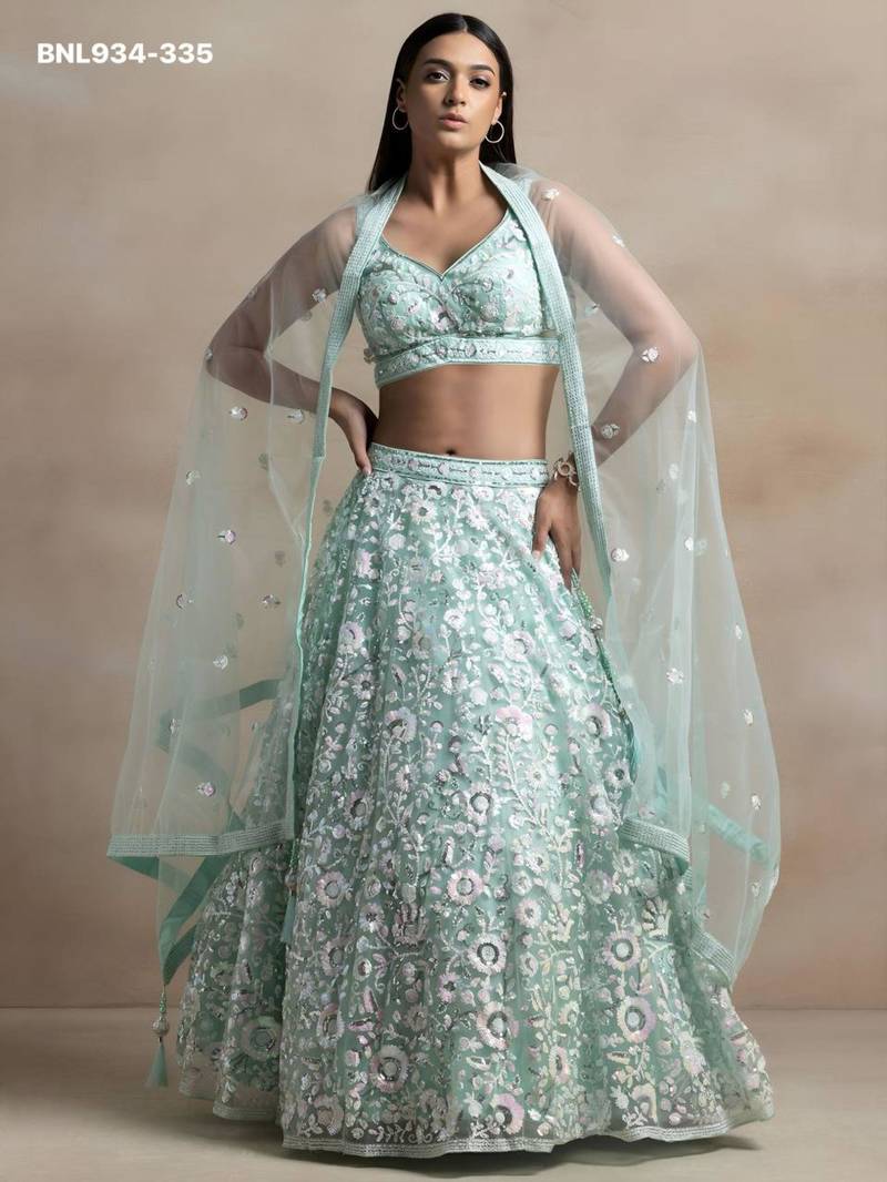 Light Sky Blue Net Embroidered Designer Sangeet Lehenga Choli Set