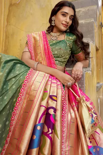 Festive Shimmer Organza Zari Woven Chaniya Choli with Designer Lace Border