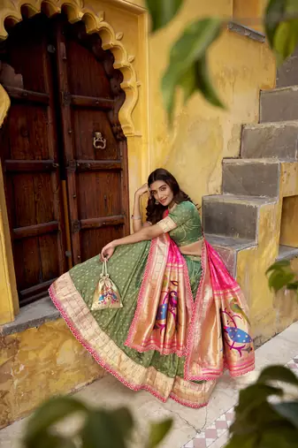 Festive Shimmer Organza Zari Woven Chaniya Choli with Designer Lace Border