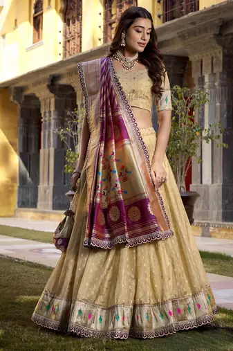 Festive Shimmer Organza Zari Woven Chaniya Choli with Designer Lace Border