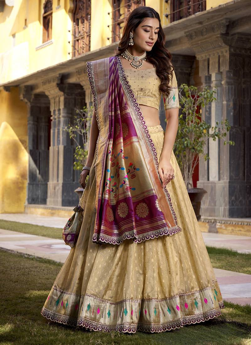 Festive Shimmer Organza Zari Woven Chaniya Choli with Designer Lace Border