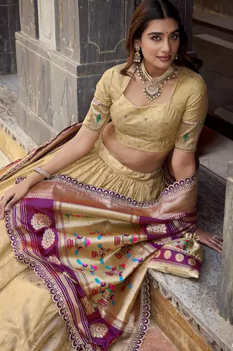 Festive Shimmer Organza Zari Woven Chaniya Choli with Designer Lace Border