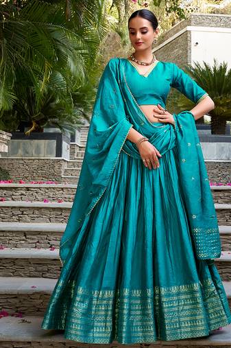 Pure Chanderi silk blend Zari Border Stitched Lehenga Choli with Sequins Dupatta