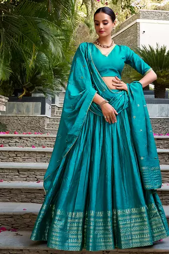 Pure Chanderi Silk Zari Border Stitched Lehenga Choli with Sequins Dupatta