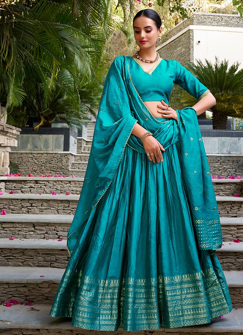 Pure Chanderi Silk Zari Border Stitched Lehenga Choli with Sequins Dupatta