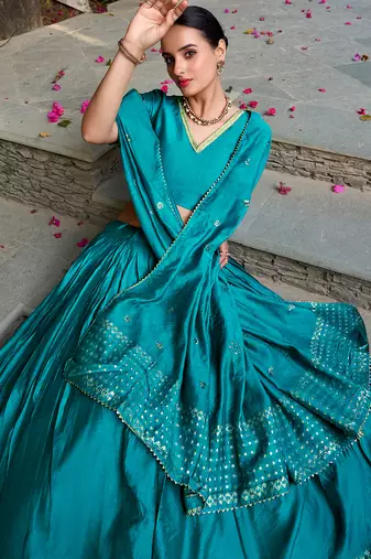 Pure Chanderi Silk Zari Border Stitched Lehenga Choli with Sequins Dupatta