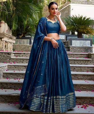 Pure Chanderi Silk Zari Border Stitched Lehenga Choli with Sequins Dupatta 1