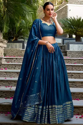 Pure Chanderi silk blend Zari Border Stitched Lehenga Choli with Sequins Dupatta