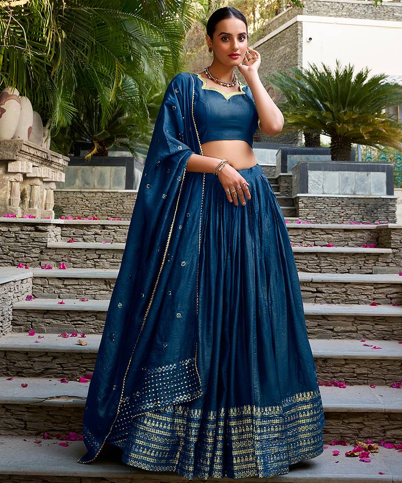 Pure Chanderi Silk Zari Border Stitched Lehenga Choli with Sequins Dupatta