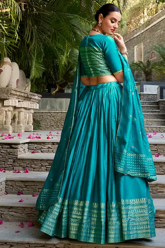 Pure Chanderi Silk Zari Border Stitched Lehenga Choli with Sequins Dupatta