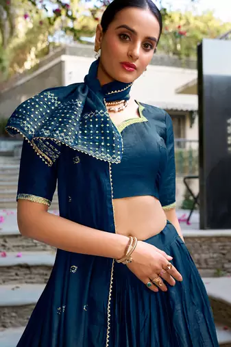 Pure Chanderi silk blend Zari Border Stitched Lehenga Choli with Sequins Dupatta