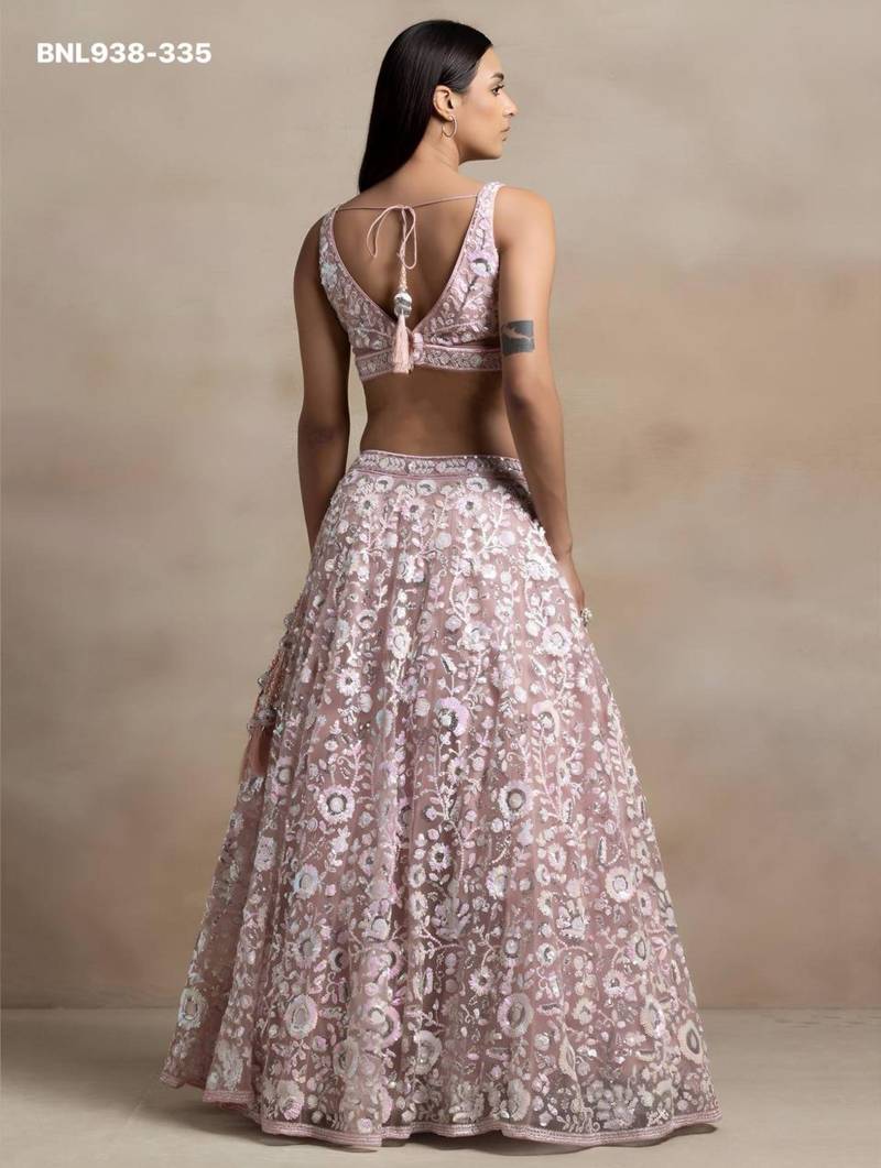 Light Pink Net Embroidered Designer Party Wear Lehenga Choli Set