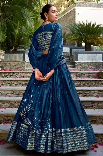 Pure Chanderi silk blend Zari Border Stitched Lehenga Choli with Sequins Dupatta
