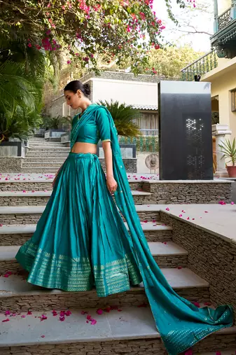 Pure Chanderi Silk Zari Border Stitched Lehenga Choli with Sequins Dupatta