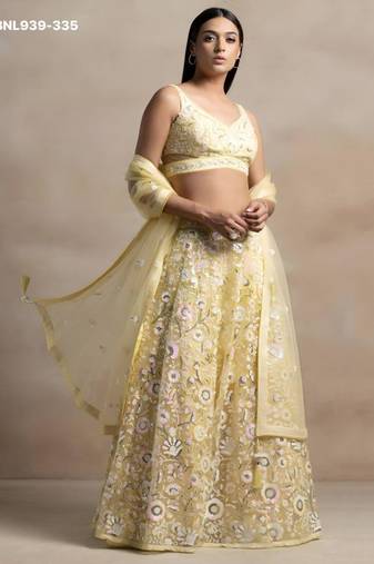 Yellow Net Embroidered Haldi Sangeet Lehenga Choli Set