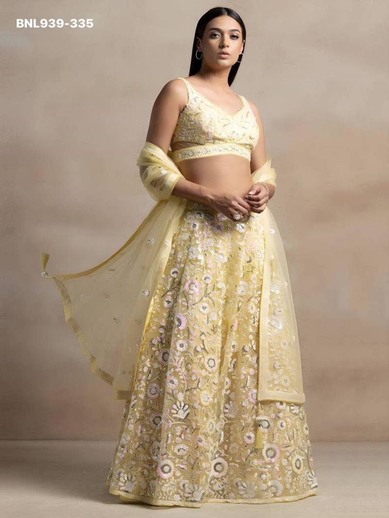 Yellow Net Embroidered Haldi Sangeet Lehenga Choli Set