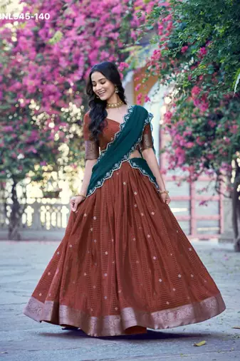 Brown Silk Blend Embroidered Traditional Wedding Lehenga Choli Set