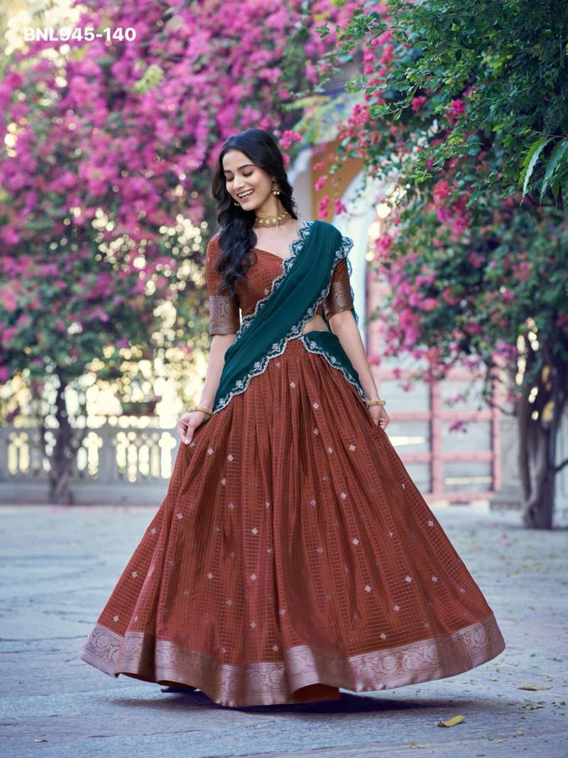 Brown Silk Blend Embroidered Traditional Wedding Lehenga Choli Set
