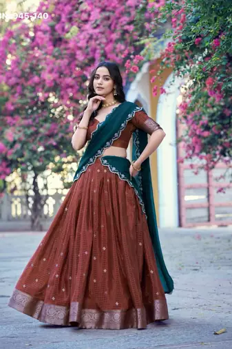 Brown Silk Blend Embroidered Traditional Wedding Lehenga Choli Set