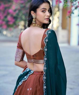 Brown Silk Blend Embroidered Traditional Wedding Lehenga Choli Set 3