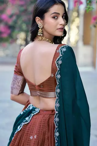 Brown Silk Blend Embroidered Traditional Wedding Lehenga Choli Set