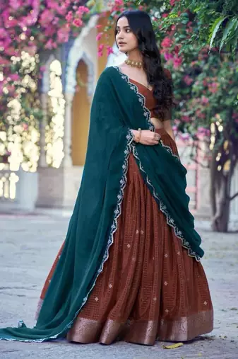 Brown Silk Blend Embroidered Traditional Wedding Lehenga Choli Set