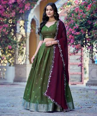 Green Silk Blend Embroidered Traditional Party Wear Lehenga Choli Set 1