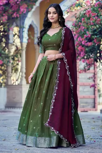 Green Silk Blend Embroidered Traditional Party Wear Lehenga Choli Set
