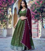 Green Silk Blend Embroidered Traditional Party Wear Lehenga Choli Set