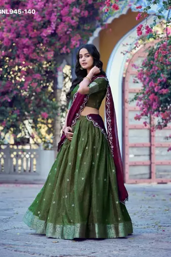 Green Silk Blend Embroidered Traditional Party Wear Lehenga Choli Set