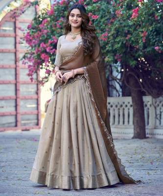 Beige Silk Blend Embroidered Festive Wedding Lehenga Choli Set 1