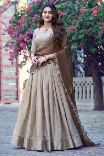 Beige Silk Blend Embroidered Festive Wedding Lehenga Choli Set