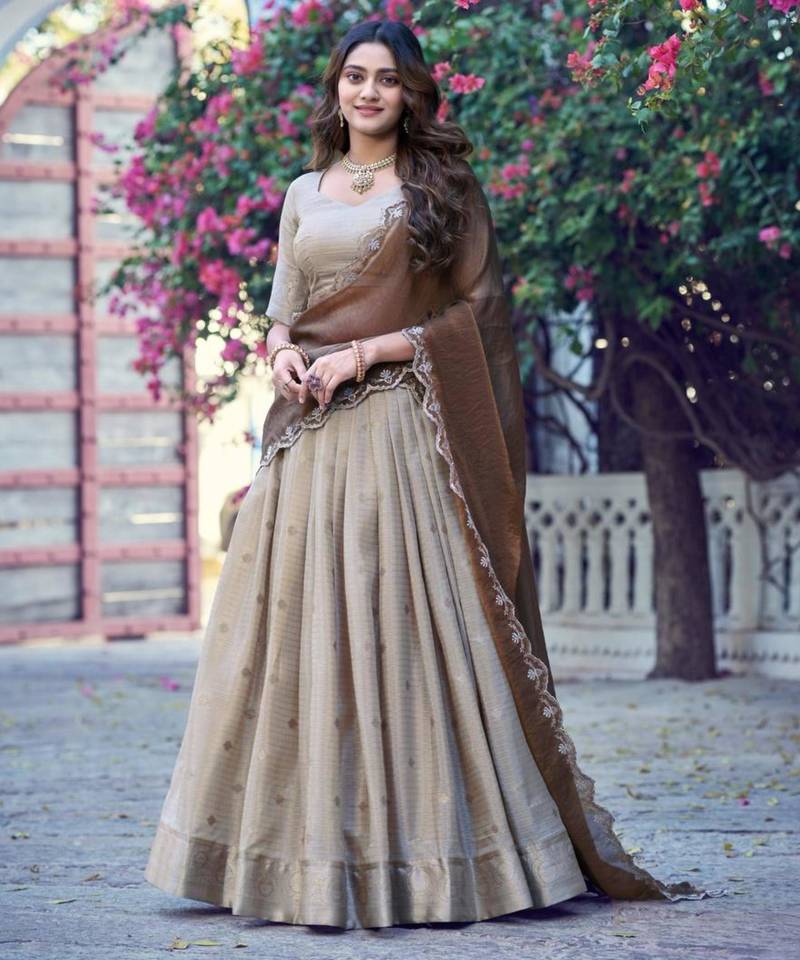 Beige Silk Blend Embroidered Festive Wedding Lehenga Choli Set