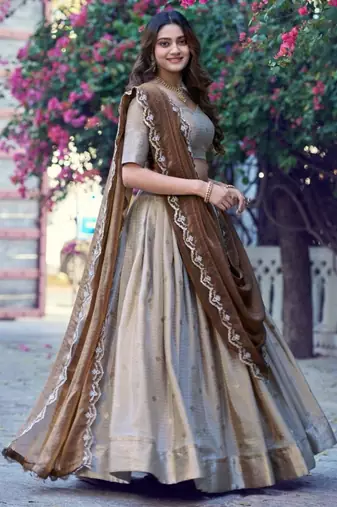 Beige Silk Blend Embroidered Festive Wedding Lehenga Choli Set