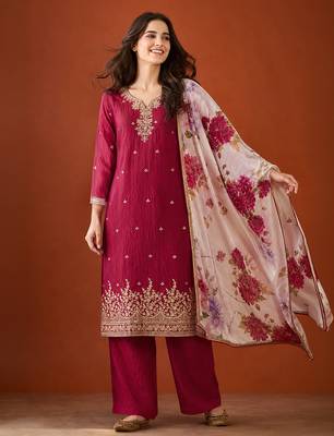 Embroidery Silk Fabric Straight Kurta Pant and Dupatta Set 1