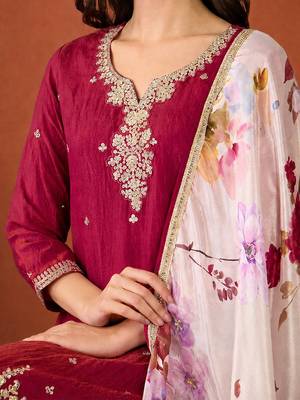 Embroidery Silk Fabric Straight Kurta Pant and Dupatta Set 2
